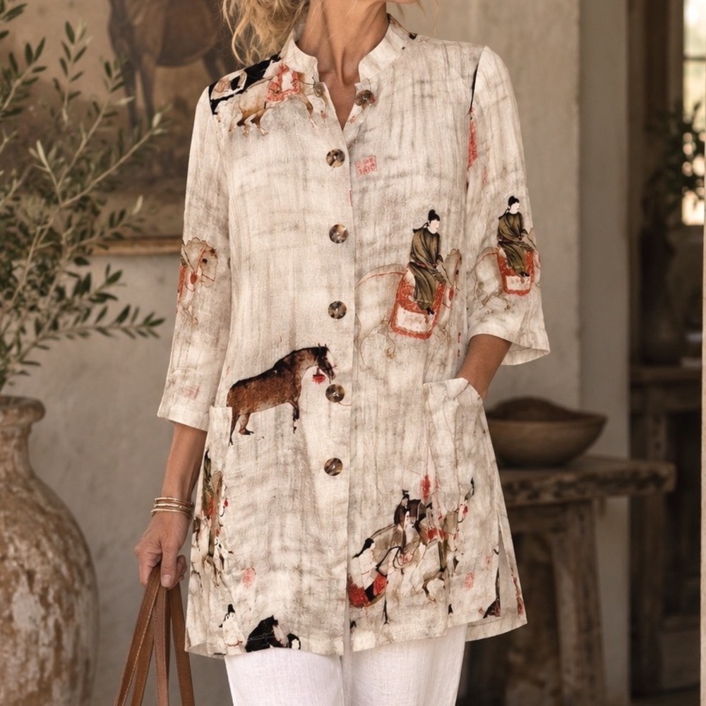 Soft Surroundings Asian Equestrian Horse Print Mandarin Collar Tunic Shirt S D2